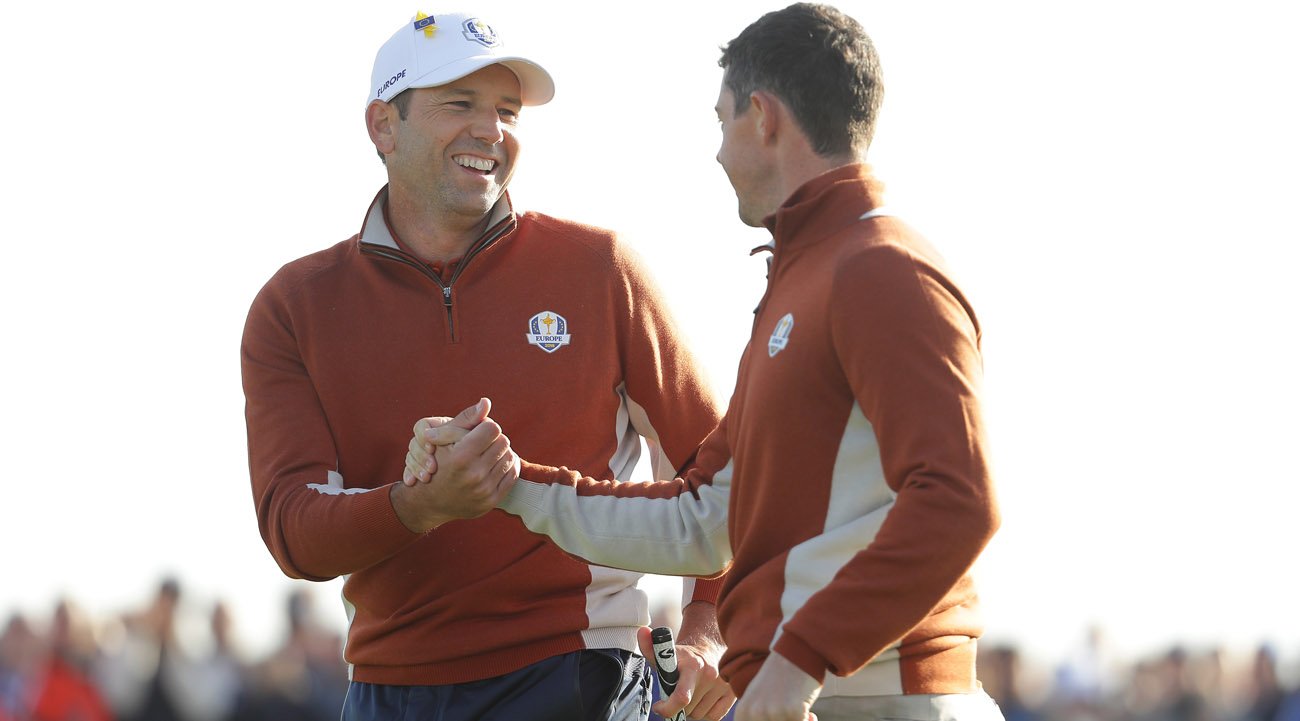 Sergio García and Rory McIlroy playing the Saturday fourball session (© Getty Images)